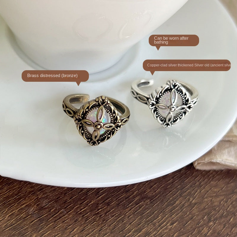 Retro Flower Rhombus Gemstone 925 Sterling Silver Ring Women&#039;s Bronze Stylish High-End Open Thai Silver Ring