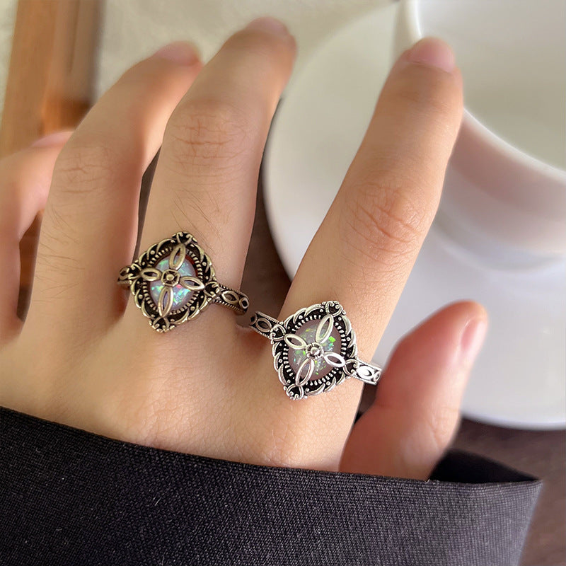 Retro Flower Rhombus Gemstone 925 Sterling Silver Ring Women&#039;s Bronze Stylish High-End Open Thai Silver Ring