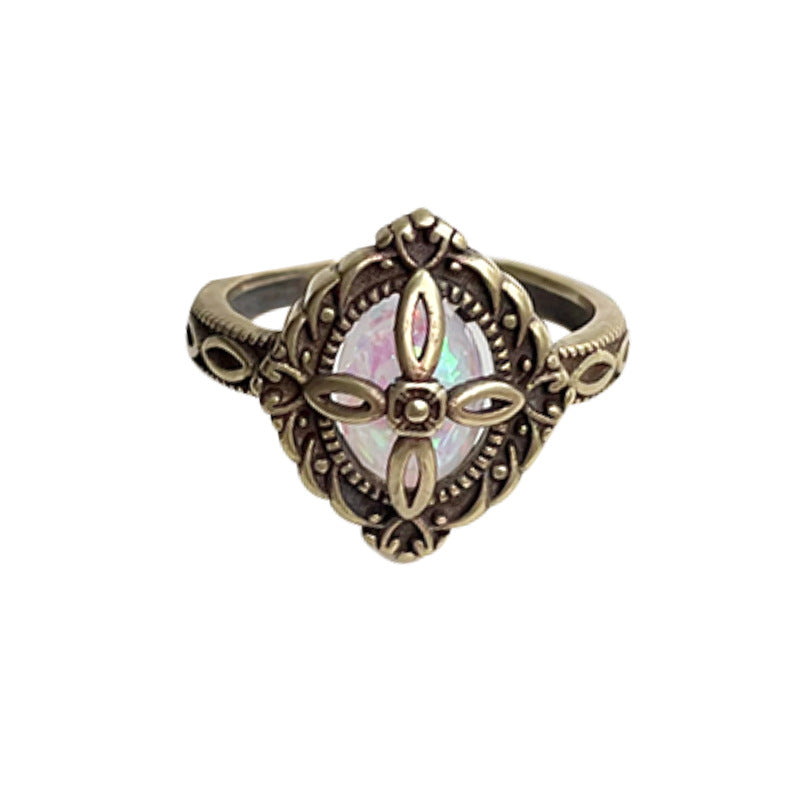 Retro Flower Rhombus Gemstone 925 Sterling Silver Ring Women&#039;s Bronze Stylish High-End Open Thai Silver Ring
