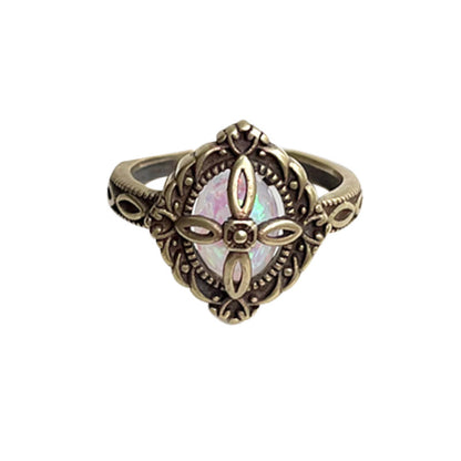 Retro Flower Rhombus Gemstone 925 Sterling Silver Ring Women&#039;s Bronze Stylish High-End Open Thai Silver Ring