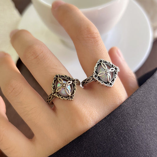 Retro Flower Rhombus Gemstone 925 Sterling Silver Ring Women&#039;s Bronze Stylish High-End Open Thai Silver Ring